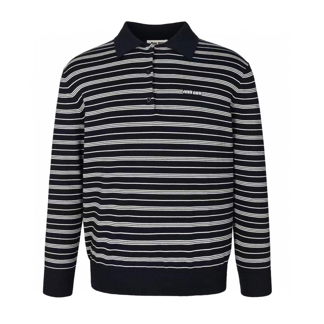 Miu Miu Logo striped cotton-blend polo Sweater in blue