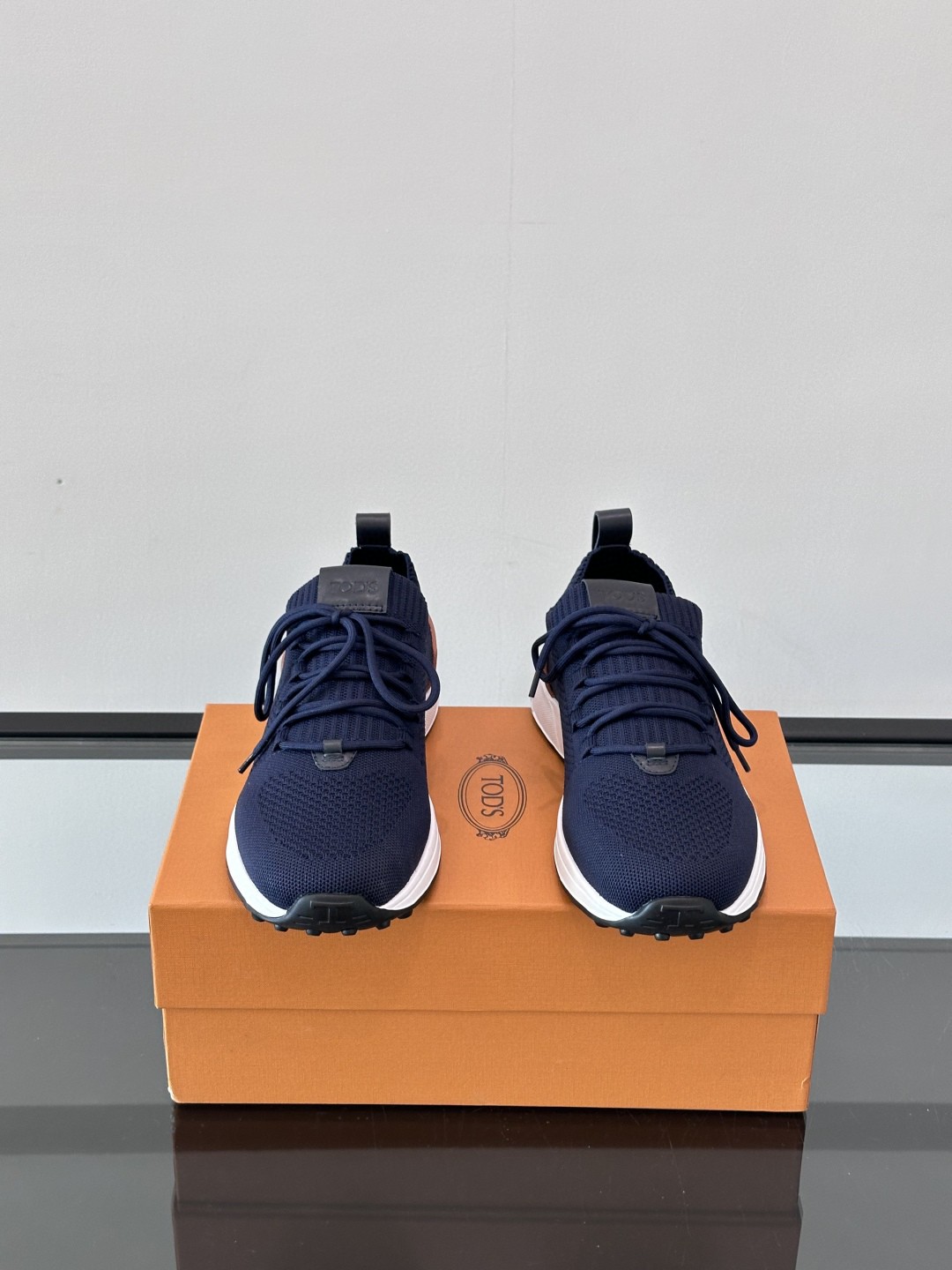 TOD'S Calzino Leather-Trimmed Stretch-Knit Sock Sneakers Navy