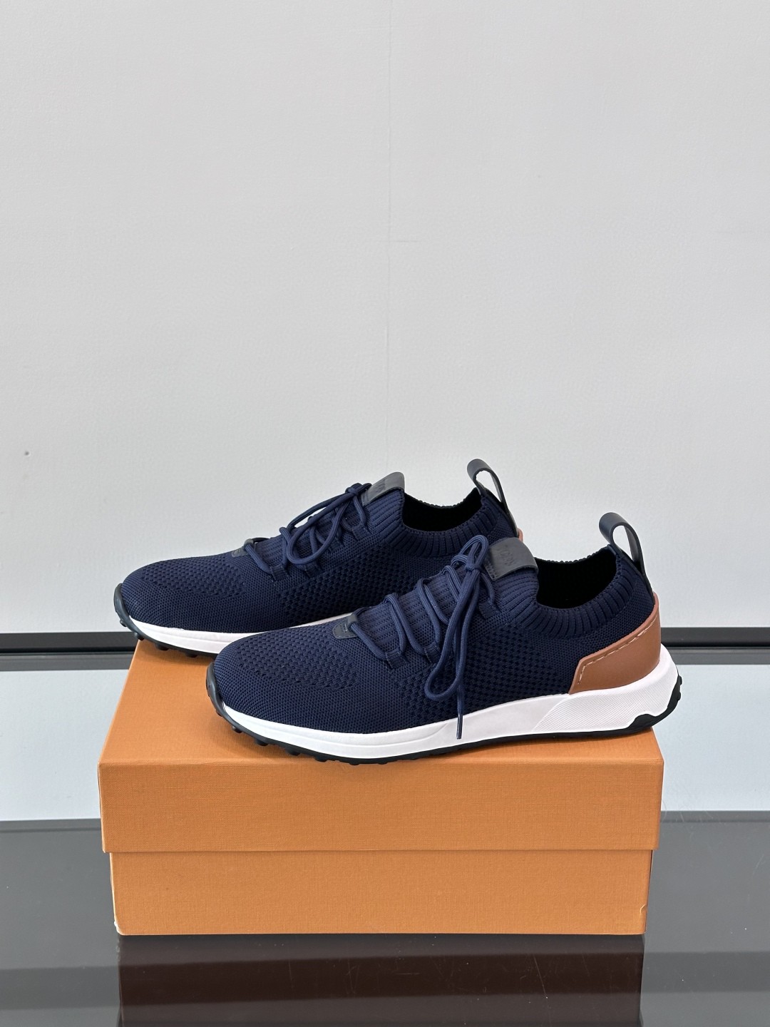 TOD'S Calzino Leather-Trimmed Stretch-Knit Sock Sneakers Navy