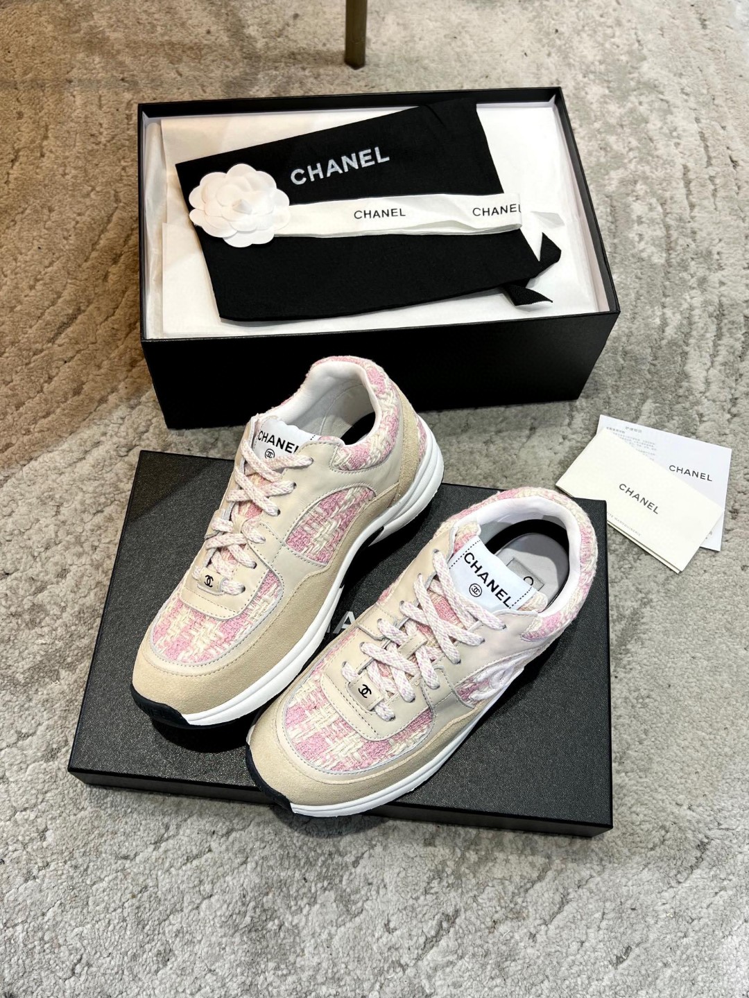 Chanel Cream/Pink Tweed and Leather CC Low Top Sneakers womens
