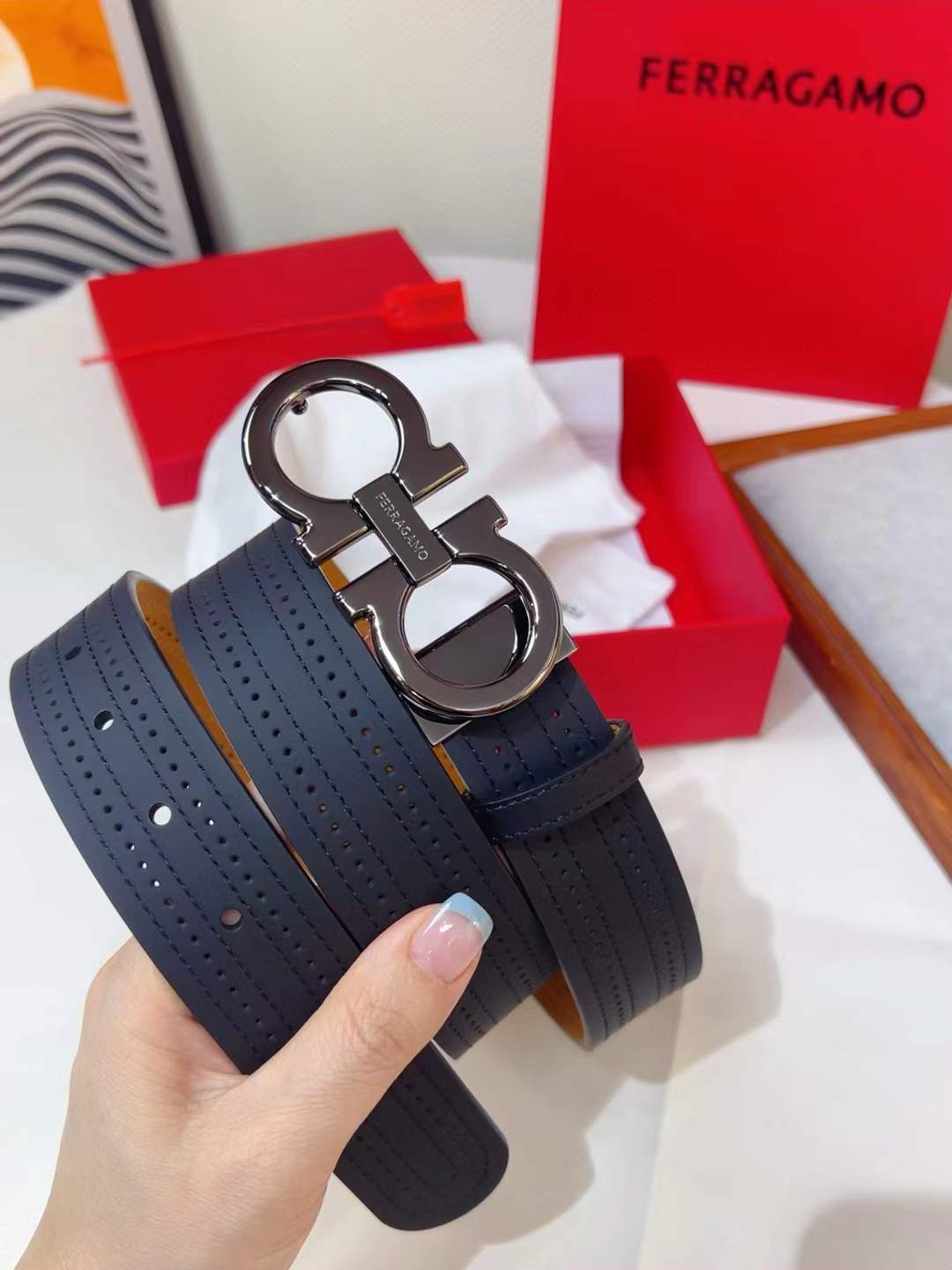 Ferragamo Belt Blue Mens Black Buckle