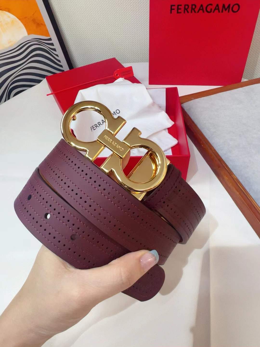 Ferragamo Belt Gold Buckle Men Burgandy