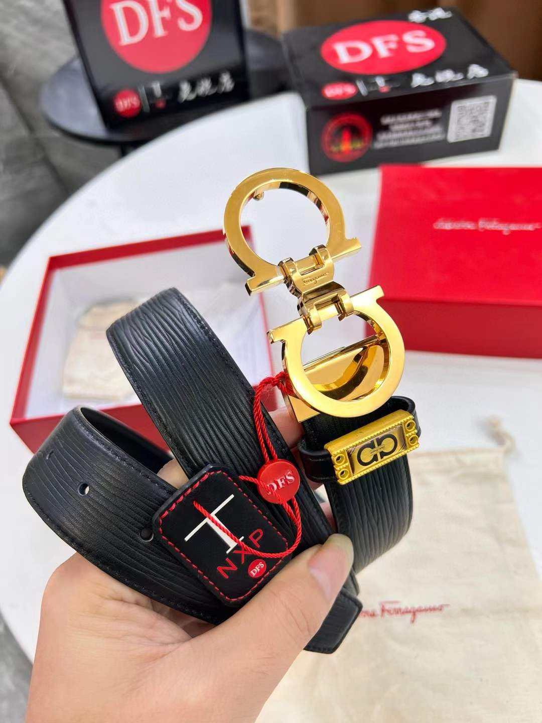 Ferragamo Black Belt Gold Buckle Mens