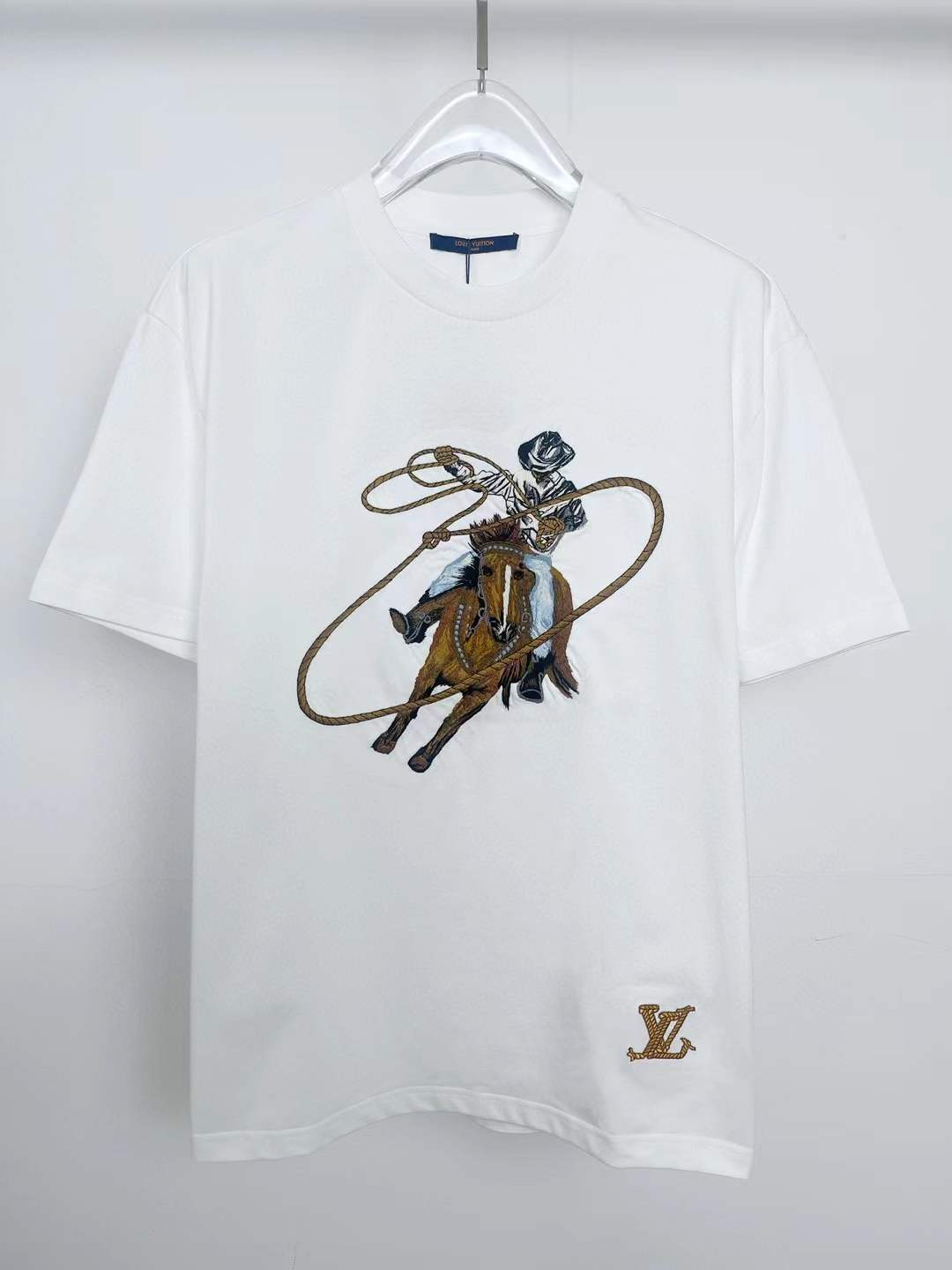 LV Graphic Embroidered Cotton T-Shirt in Milky White