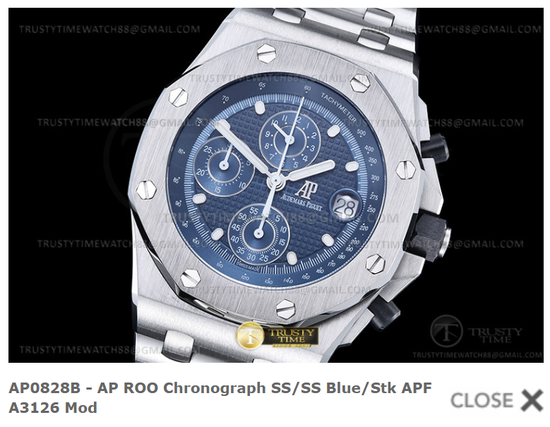 AP0828B - AP ROO Chronograph SS/SS Blue/Stk TKF A3126 Mod $728
