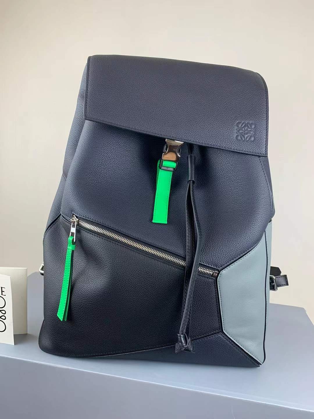 LOEWE 'puzzle' Colourblock Leather Backpack In Deep Blue / Green