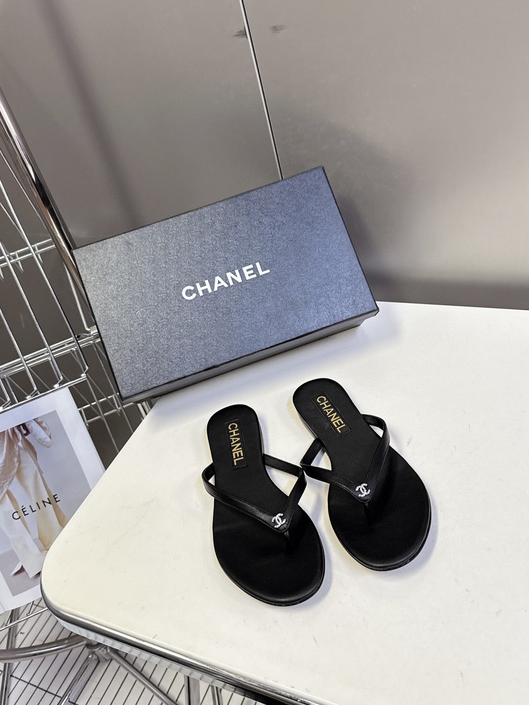 chanel thong black leather flip flops