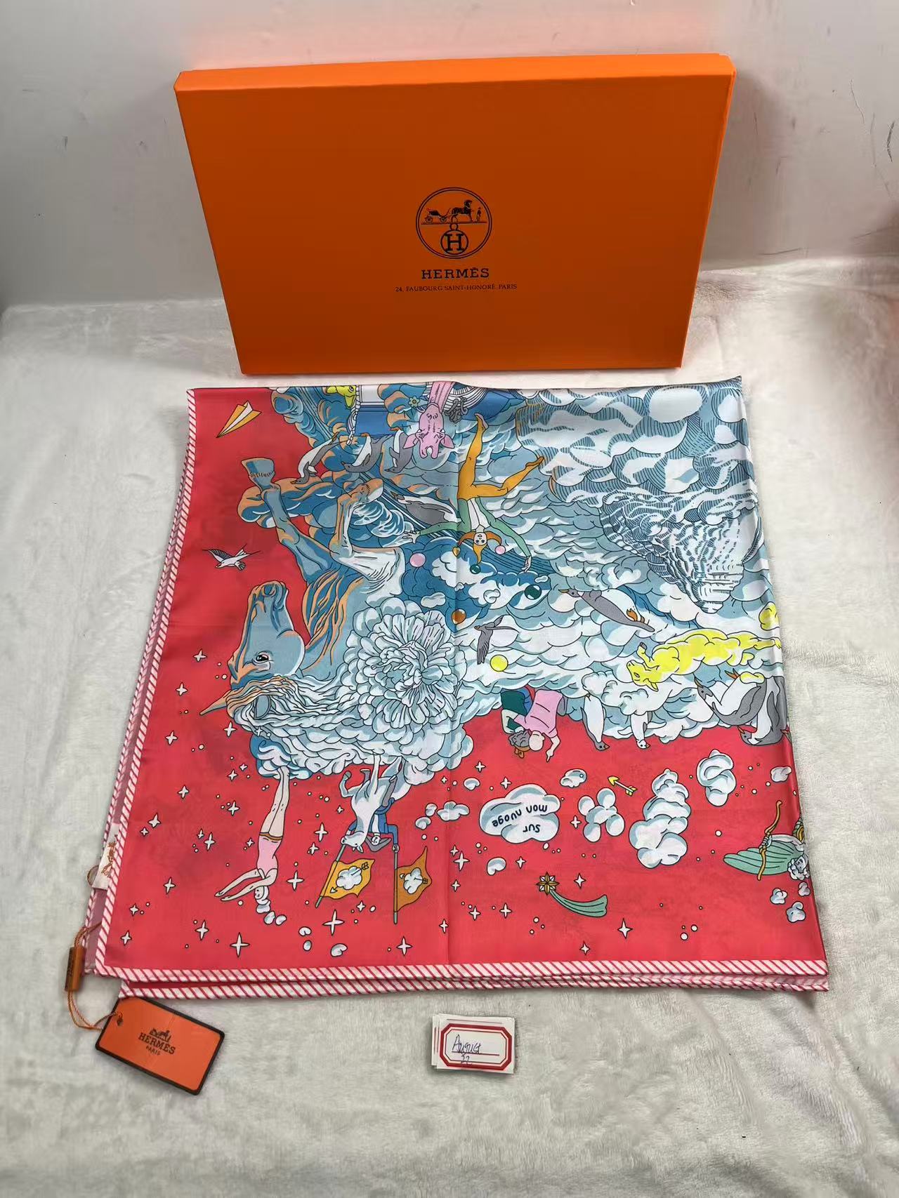 Hermes Sur Mon Nuage Scarf 90x90cms silk twill scarf with hand-rolled edges made of 100% silk.