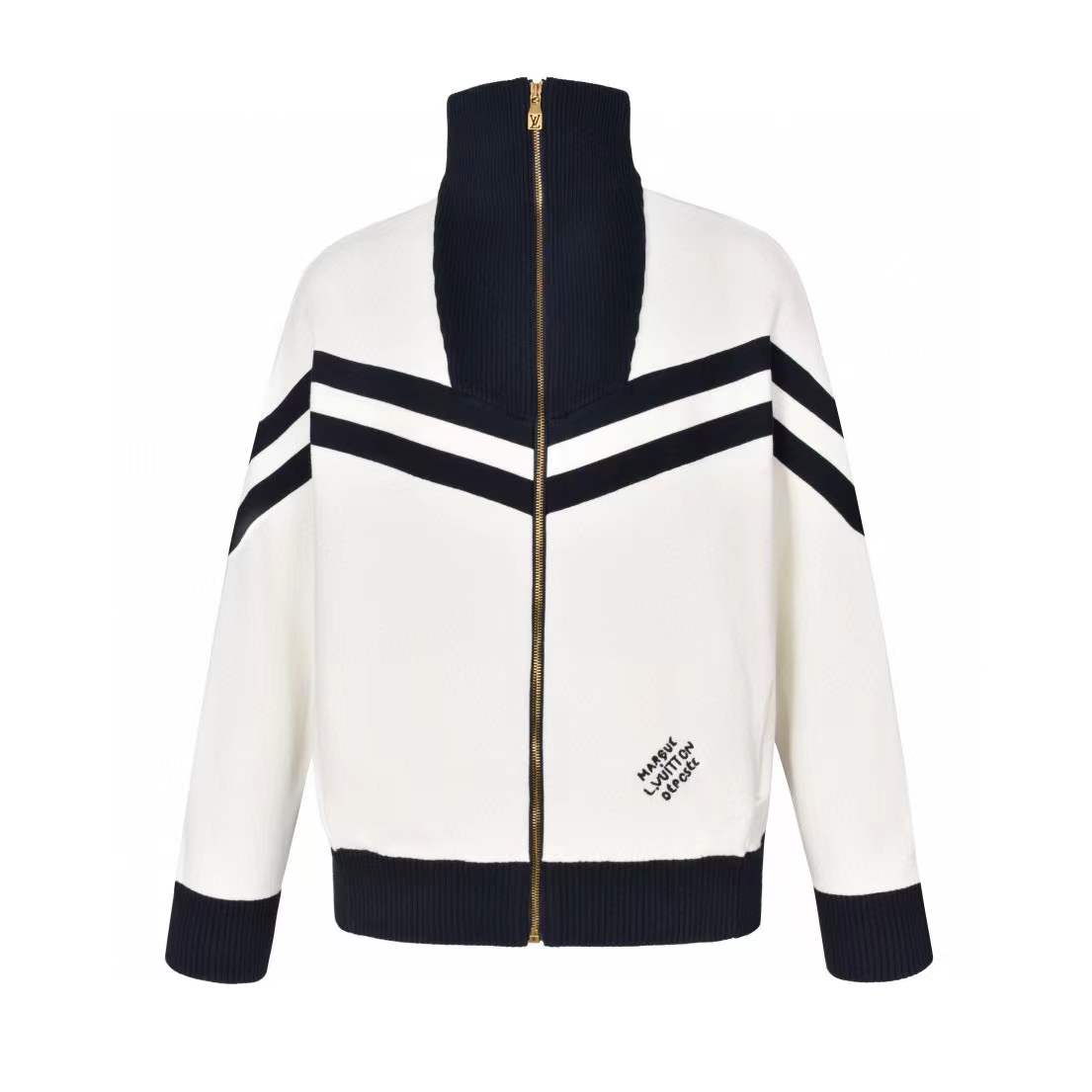 LV Lettering Embroidered Striped Stand Collar Zip-Up Jacket white