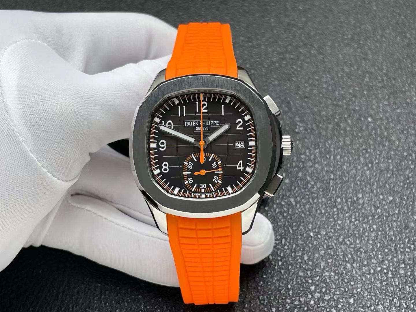 PP0380B - Aquanaut Chronograph 5968A Org SS/RU Black 3KF A7750 $378