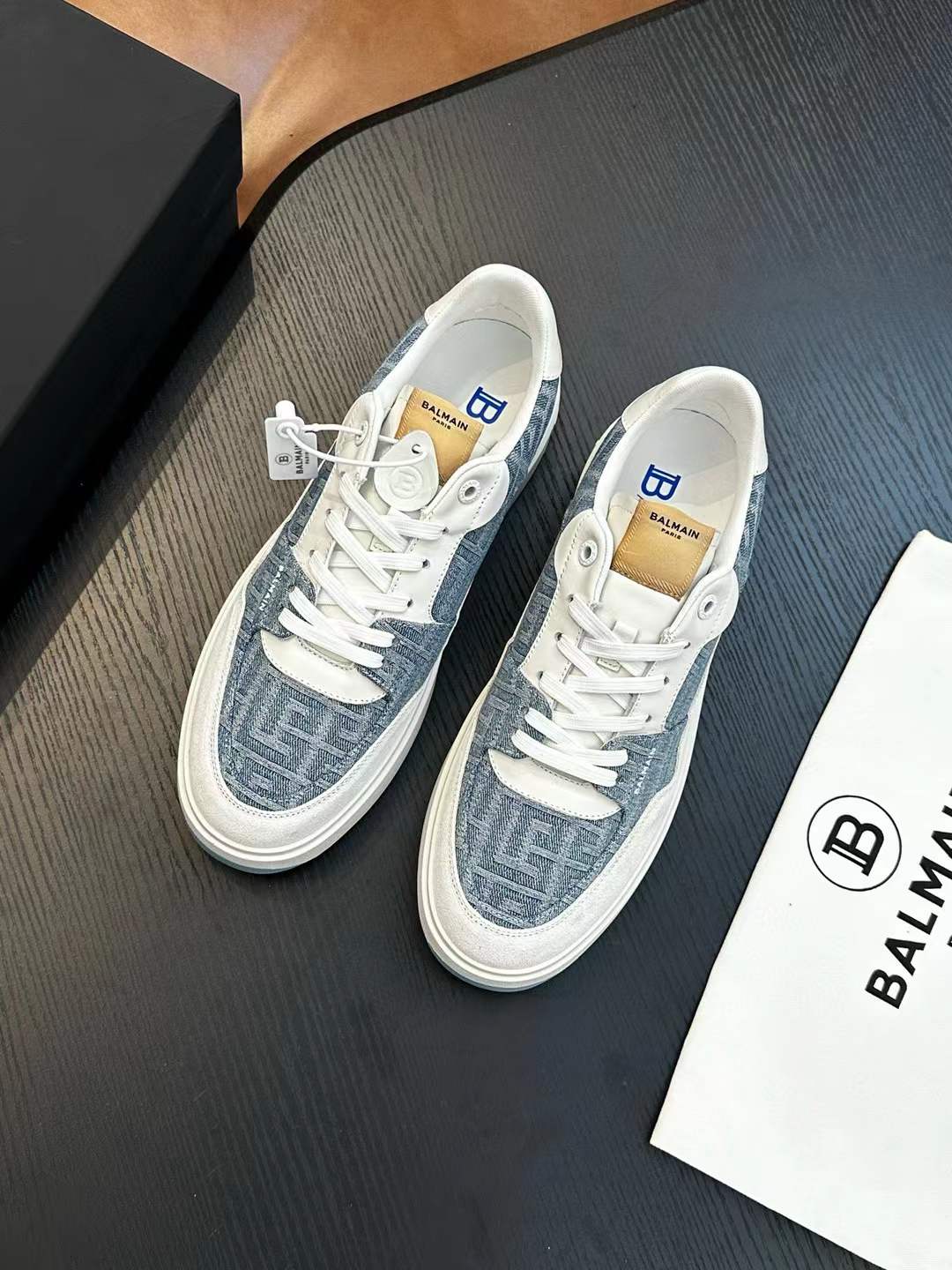 Balmain Blue & White B-court Flip Denim Sneakers