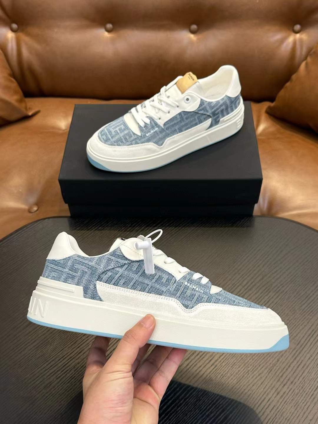 Balmain Blue & White B-court Flip Denim Sneakers