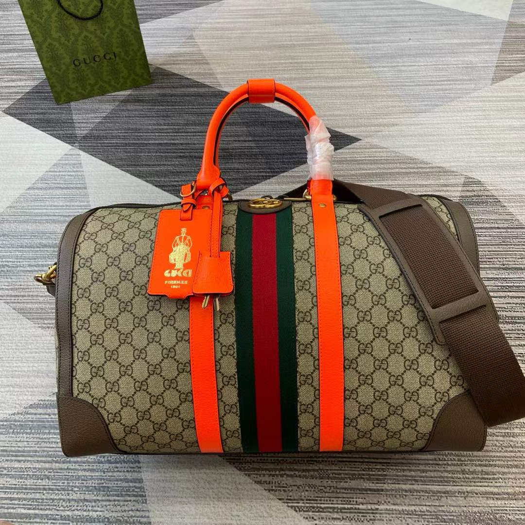 Gucci Medium Savoy Duffle Bag Brown Orange Handle