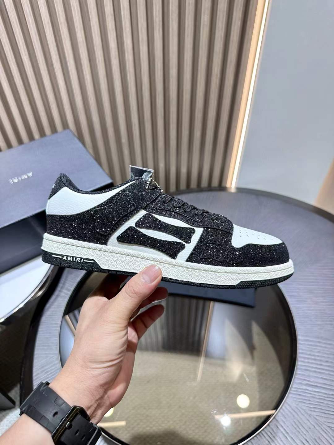 Amiri Skel Top Low Shimmer Black White leather sneakers