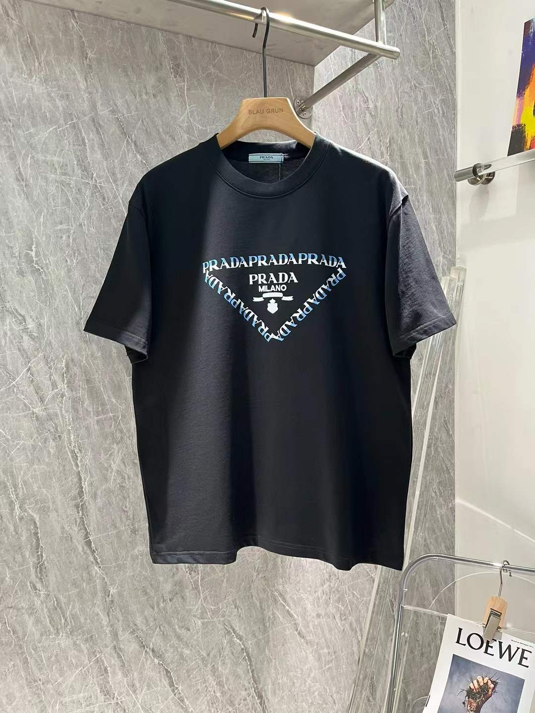 Prada Logo Embroidered Cotton T-Shirt Black