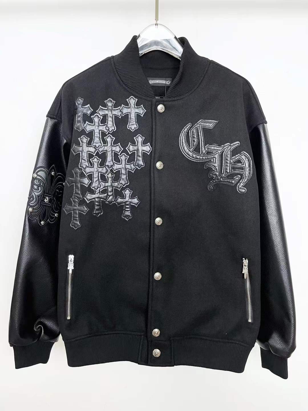 Chrome Hearts Leather Patched Varsity Jacket Black