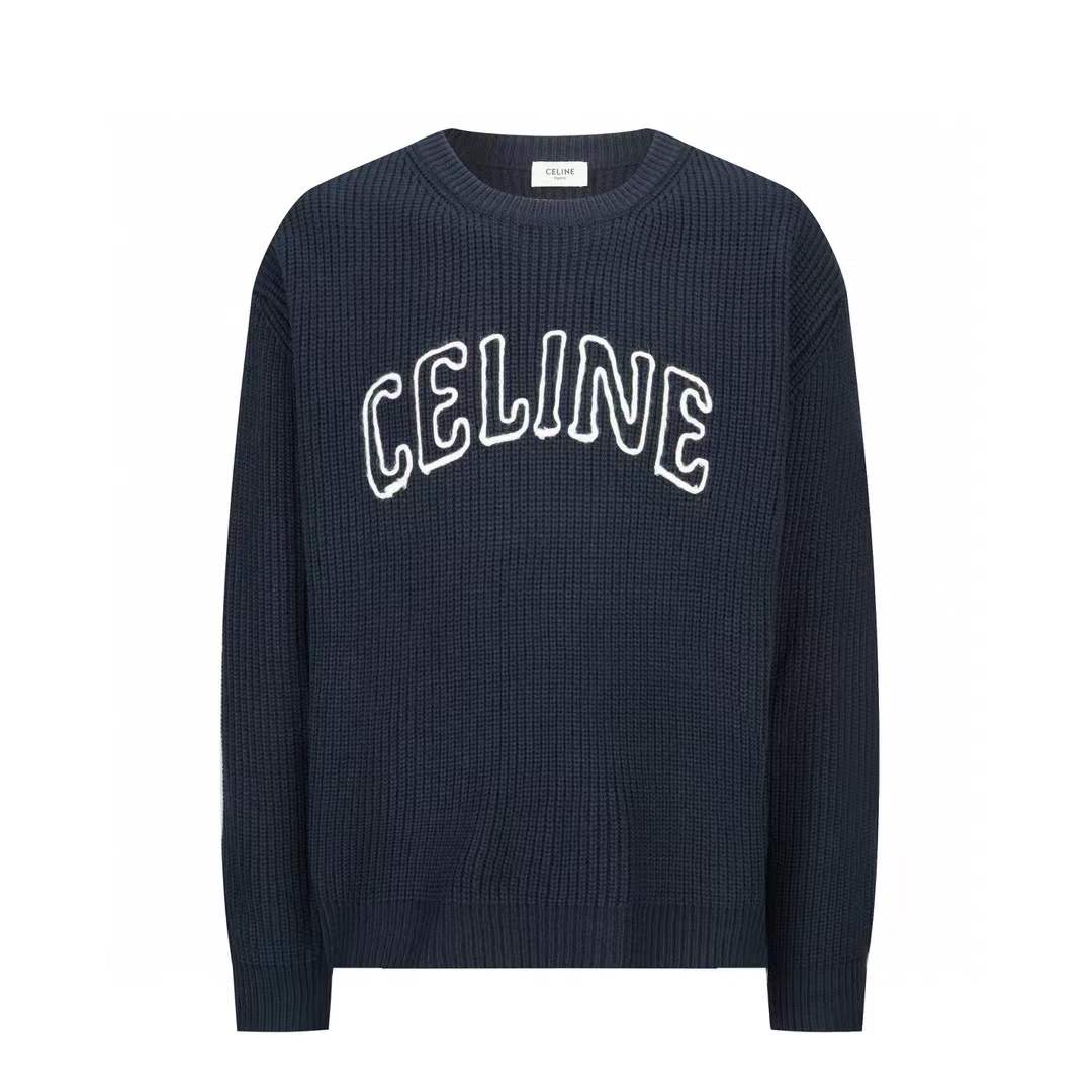Celine Imported Logo-Embroidered Ribbed Wool Sweater