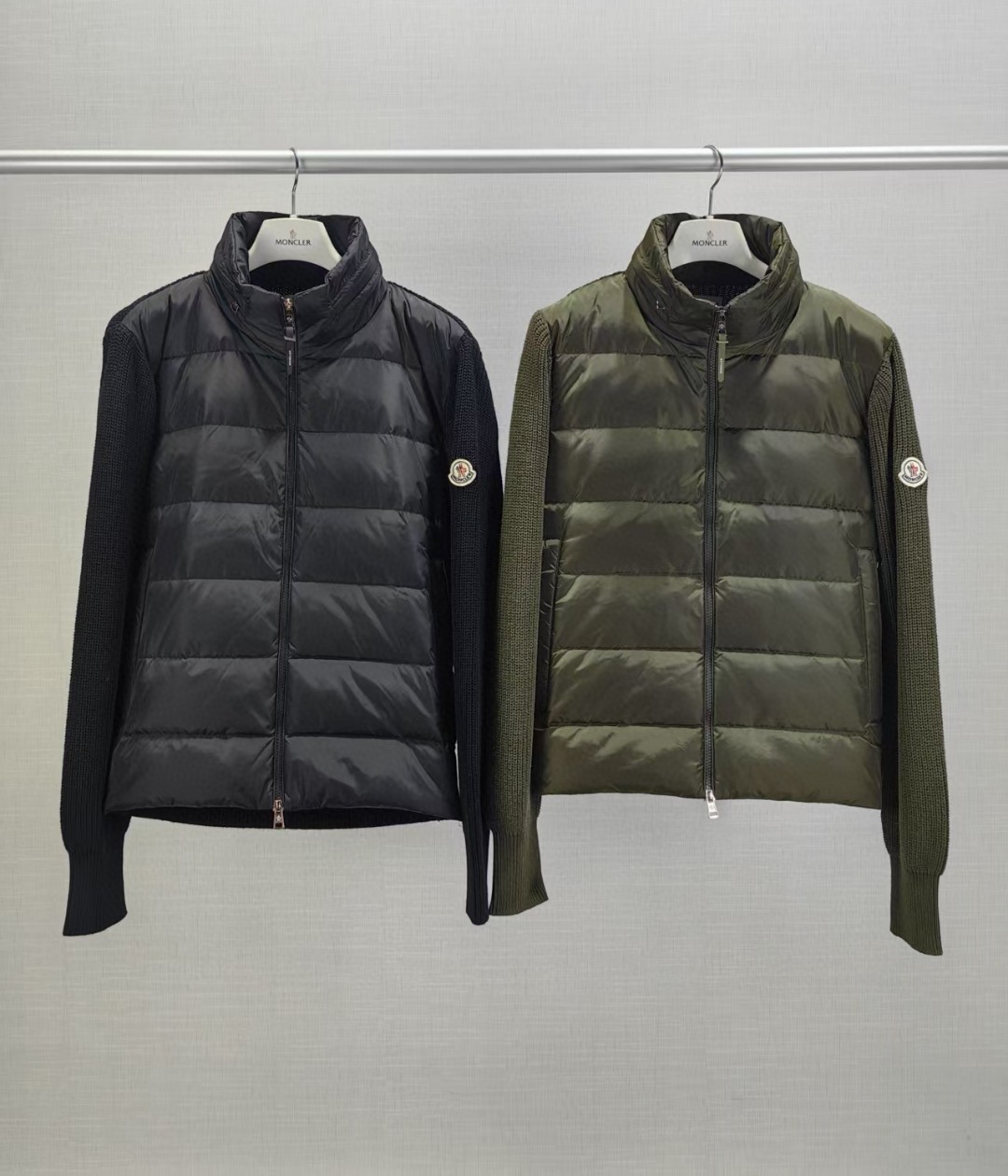 Moncler Men's spliced down jacket with wool sleeves and glitter top Black army green