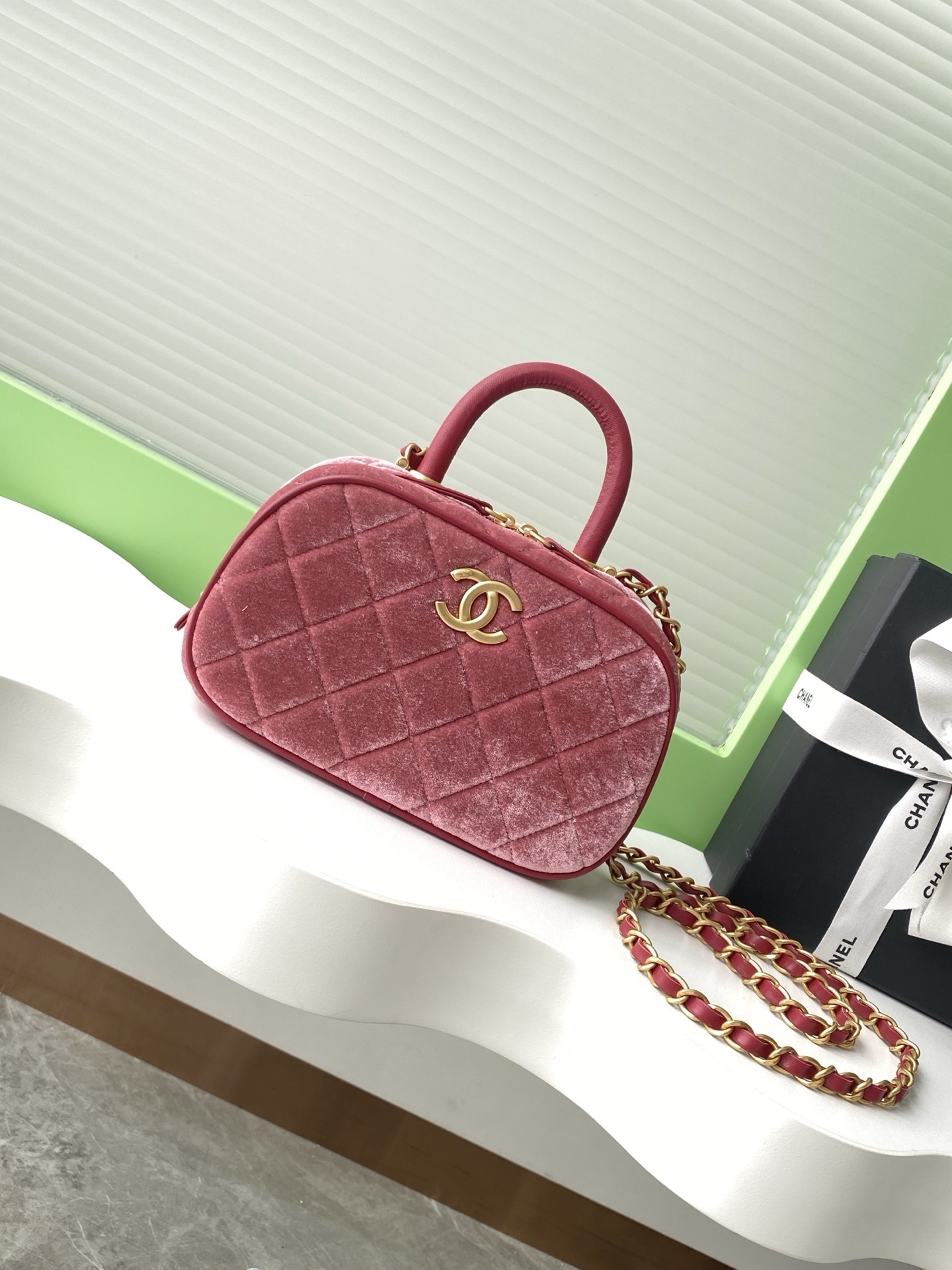Chanel Mini bowling bag, Velvet, calfskin & gold-tone metal, dark brown