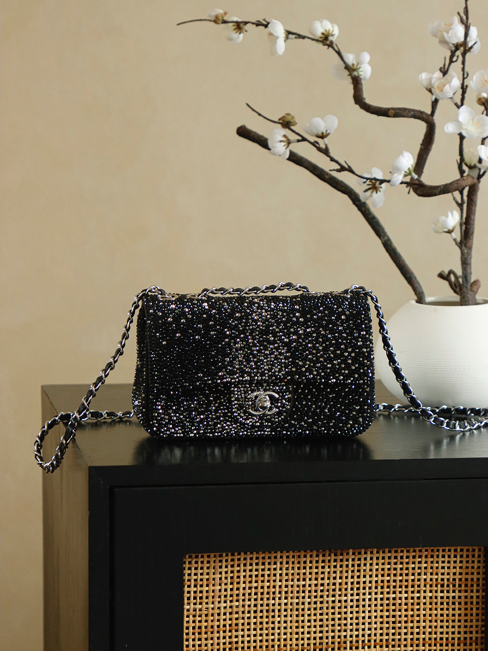 Chanel Black/Silver Quilted Tweed and Leather Medium Classic Double Flap Bag