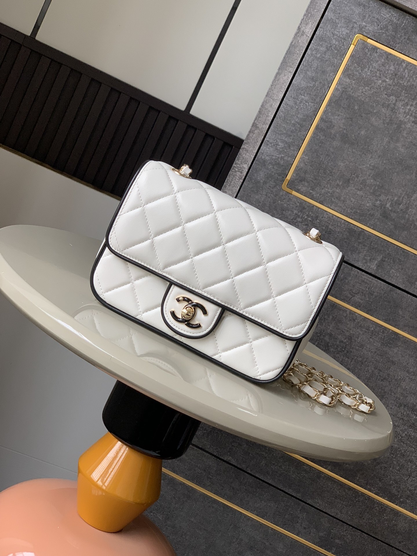 Chanel Mini Graphic Frame Flap Bag White and Black