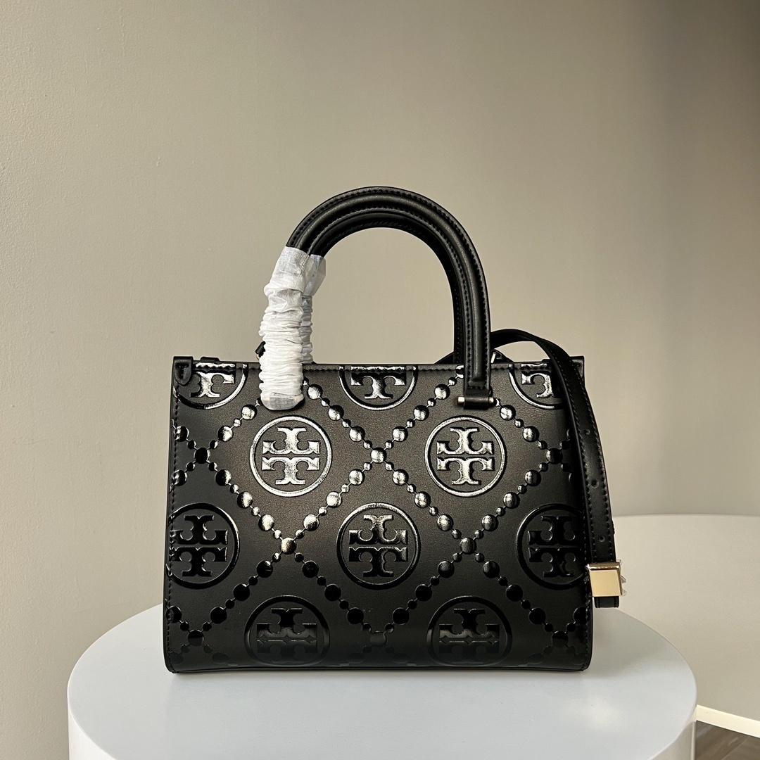 Tory Burch Monogram Top-Handle Embossed Tote, Black