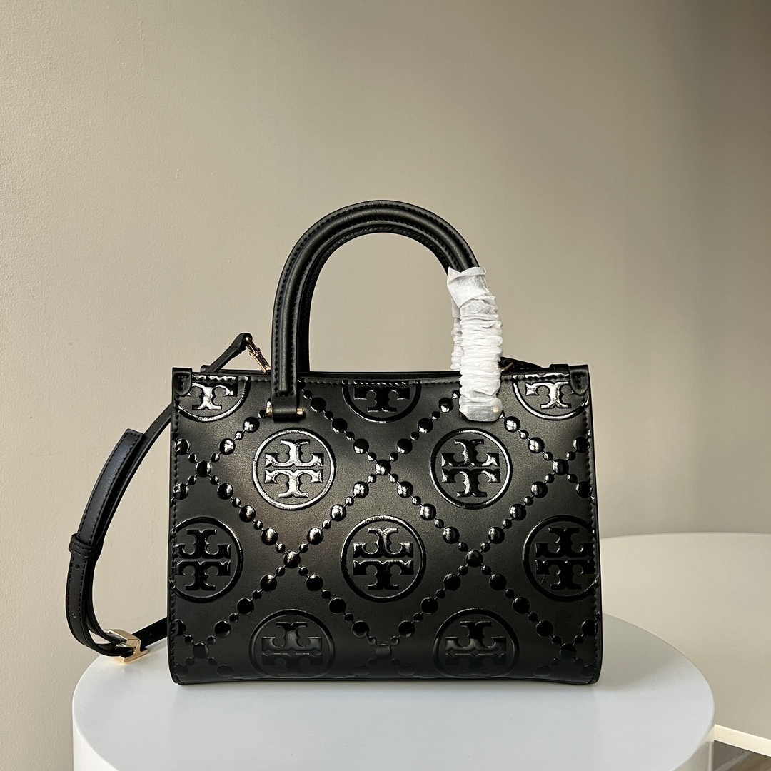 Tory Burch Monogram Top-Handle Embossed Tote, Black