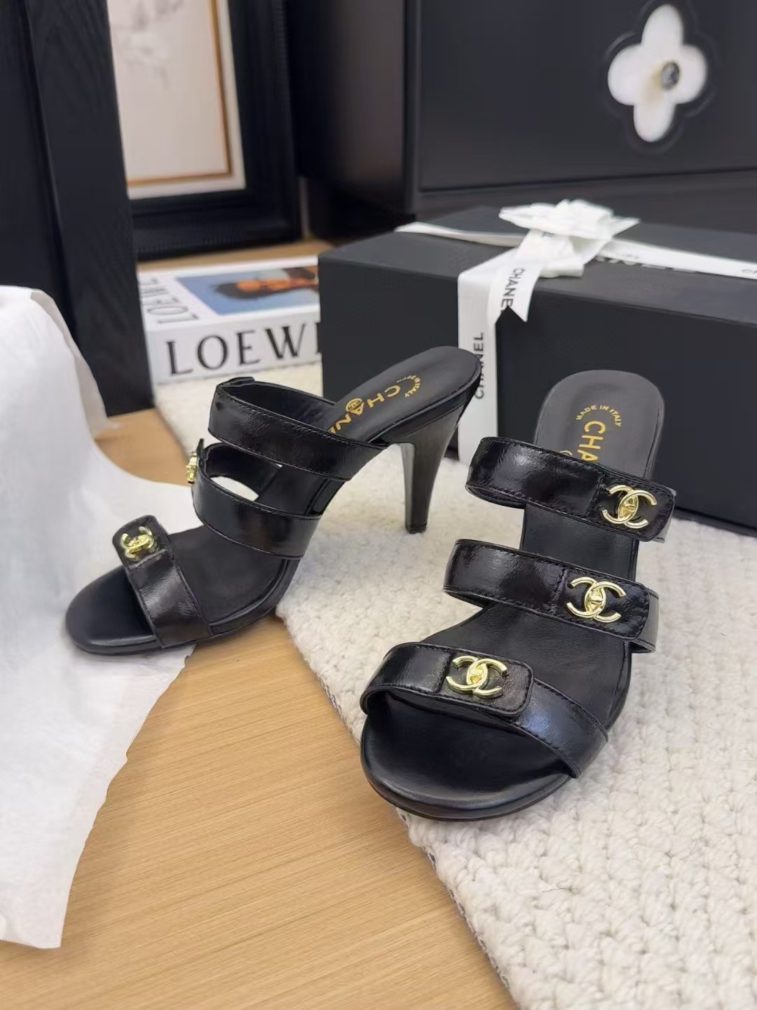 Chanel Goatskin CC Turnlock Sandals Black High-heel