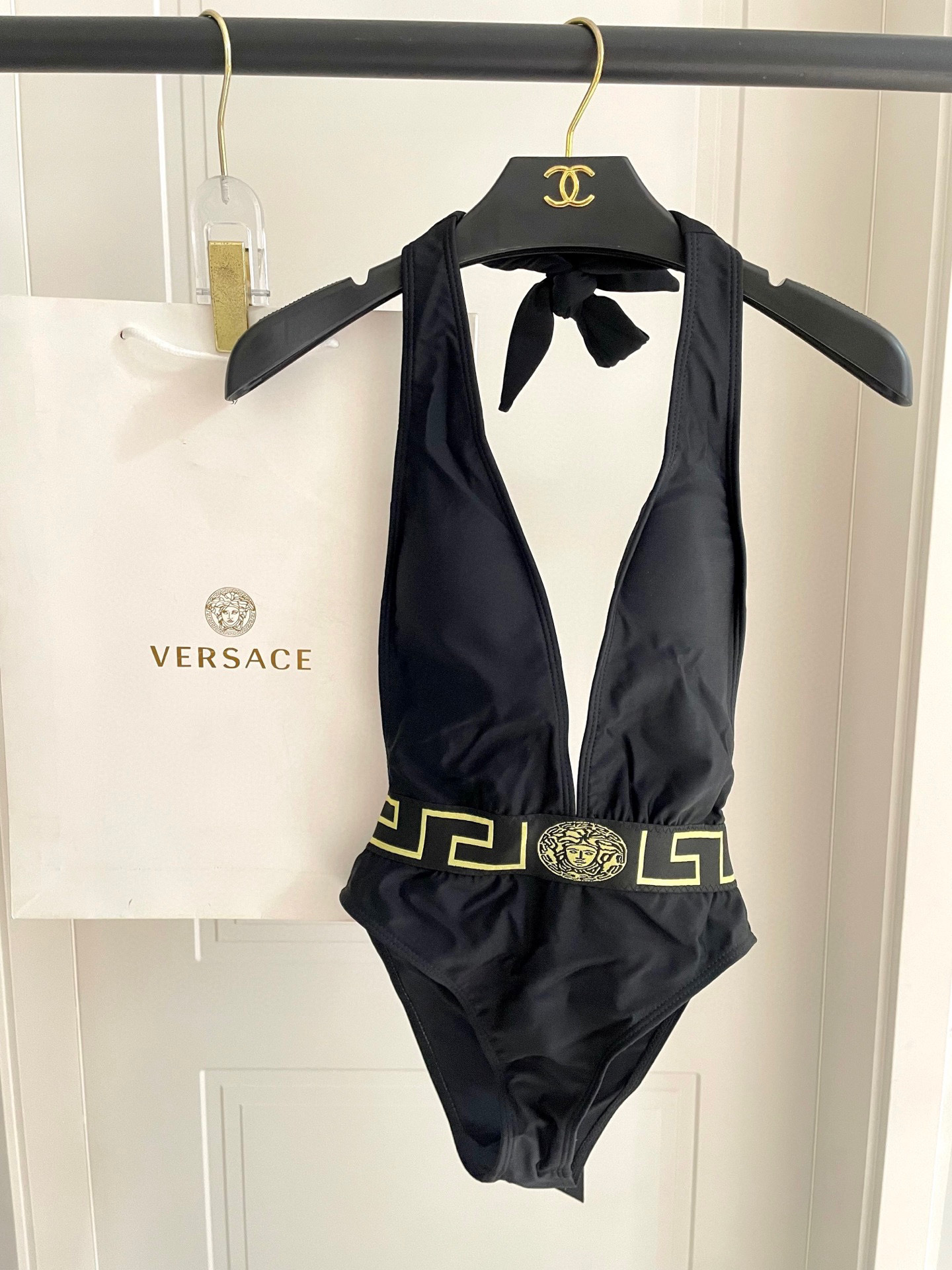 Versace Women’S Black Halter Deep V Neck Medusa Embellished One-Piece Swimsuit