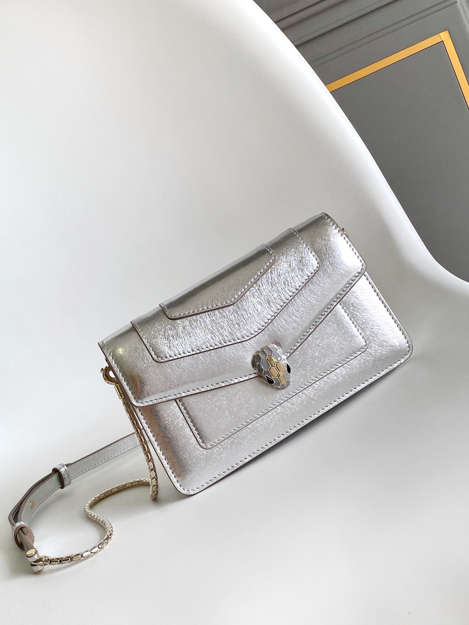 Bulgari Leather Chain Wallet in White