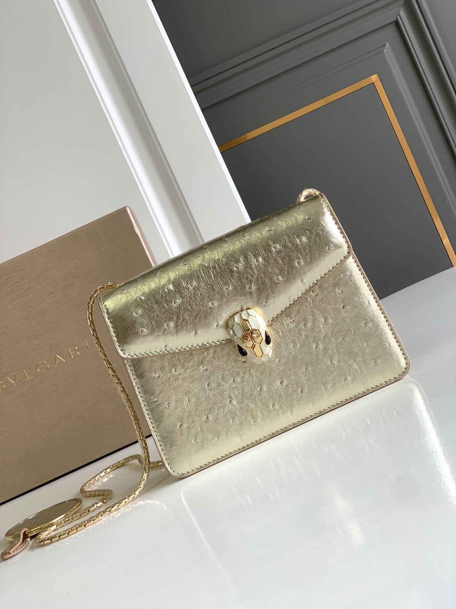 Bulgari Gold Ostrich leather Serpenti Forever Crossbody Bag