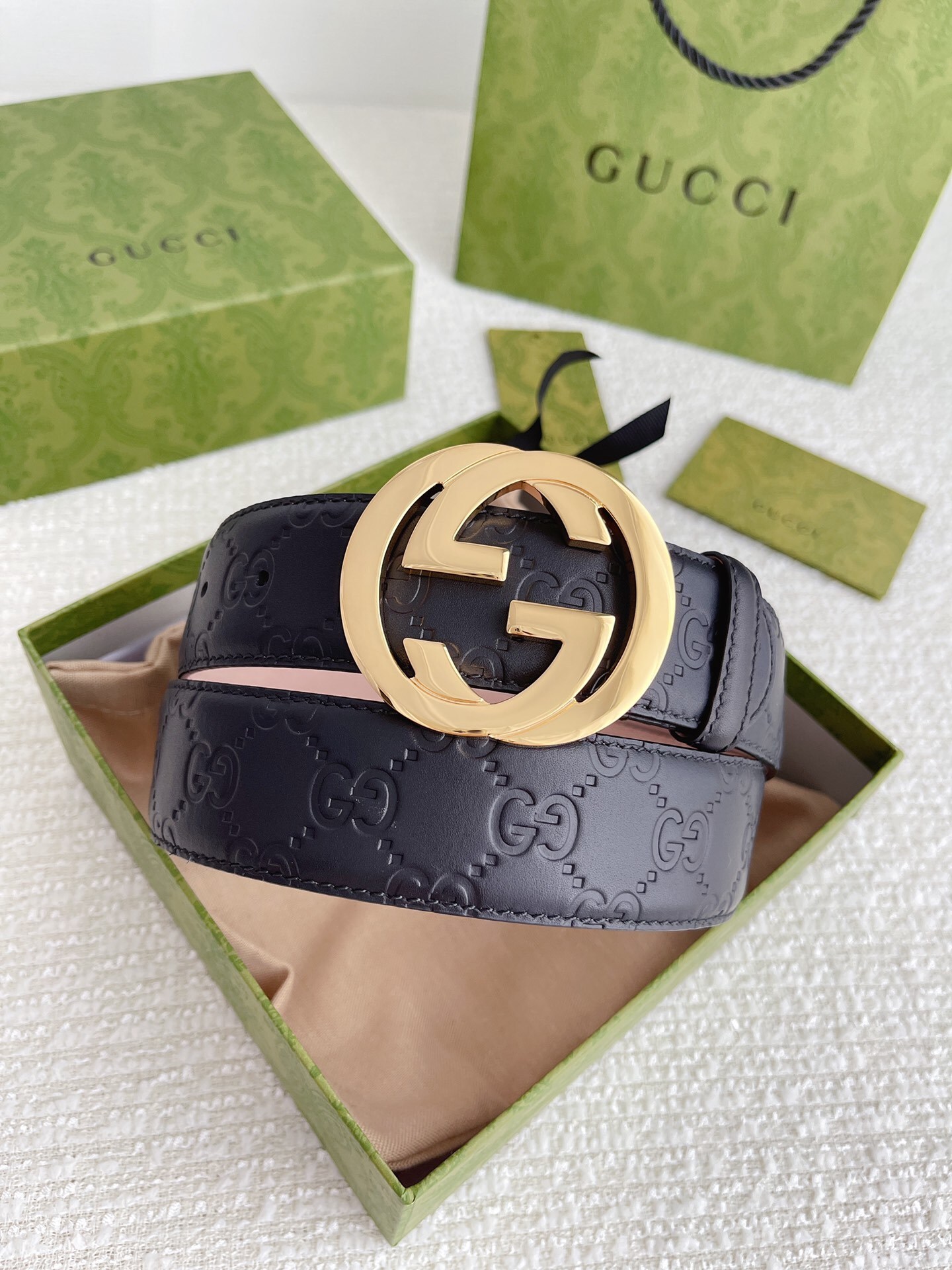 Gucci Black Guccissima Leather Interlocking G Buckle Belt