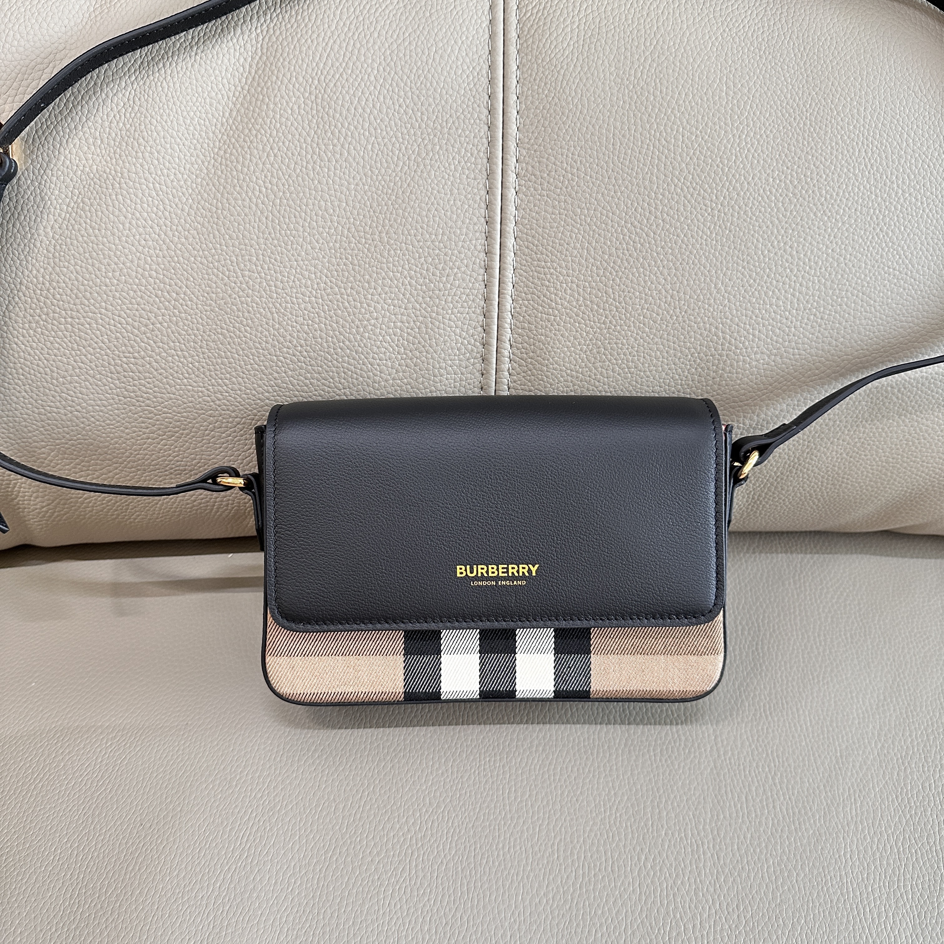 Burberry Hampshire Check Canvas Leather Crossbody Black