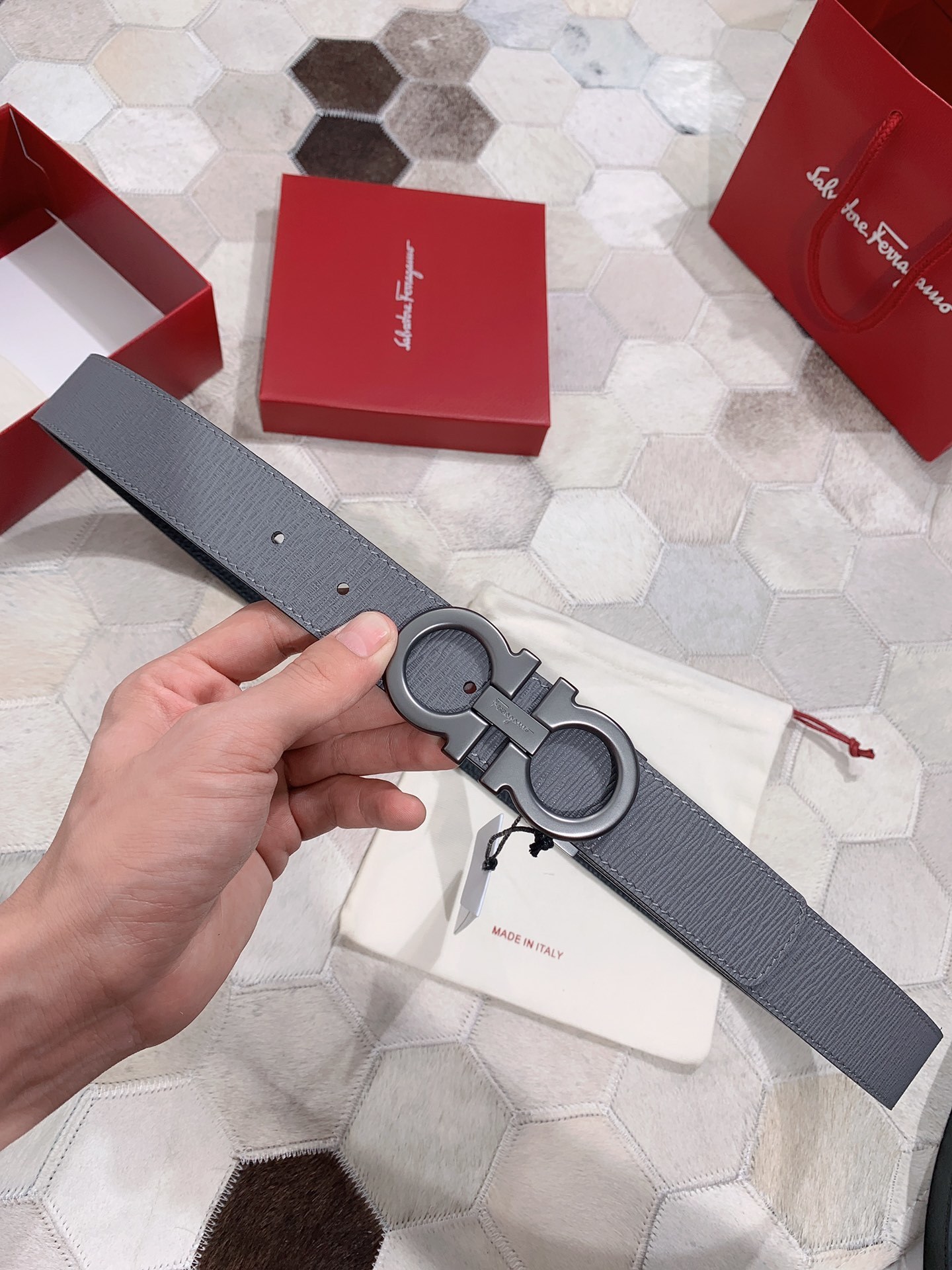 Ferragamo Reversible and Adjustable Gancini Belt Grey