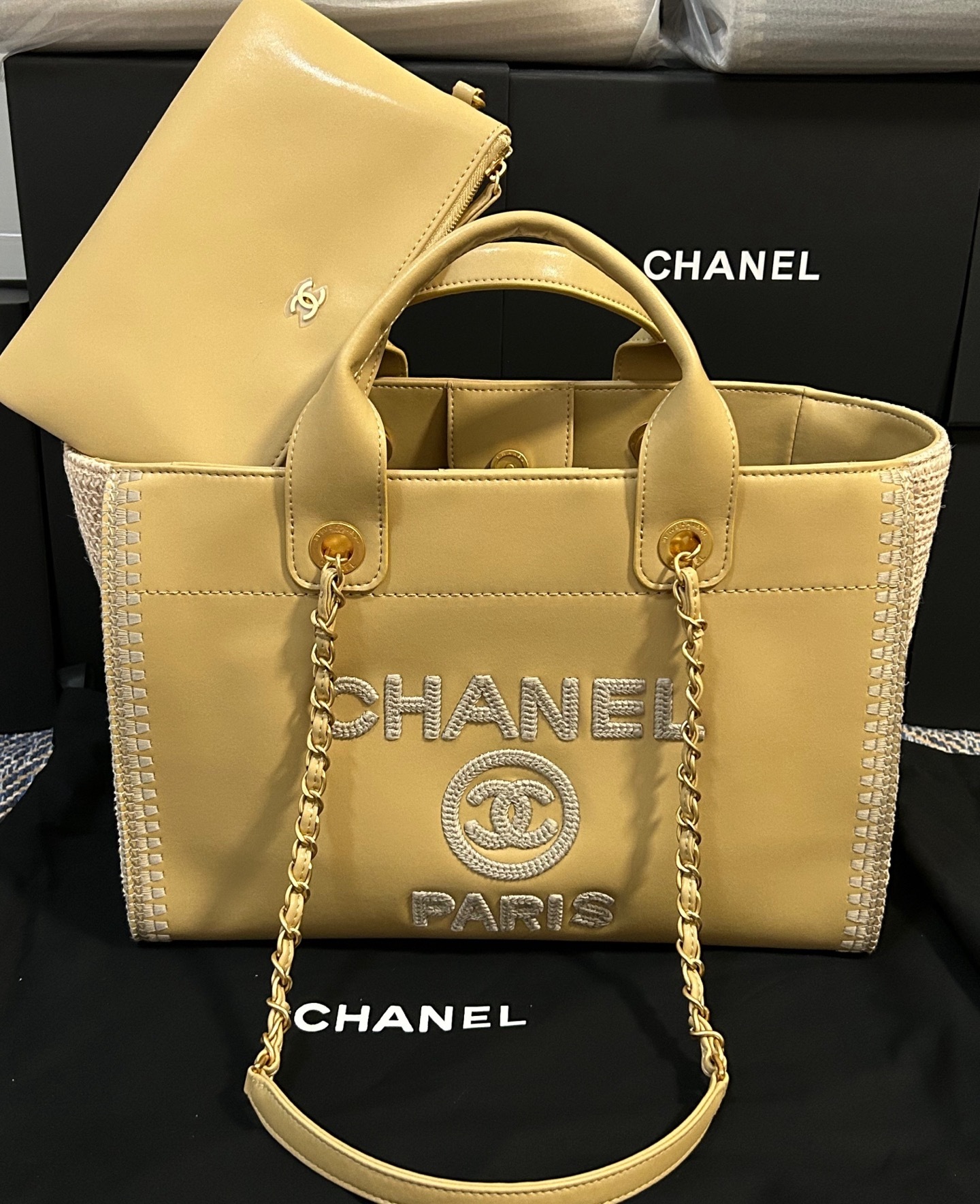 Chanel Deauville GM Beige Chain Tote Bag