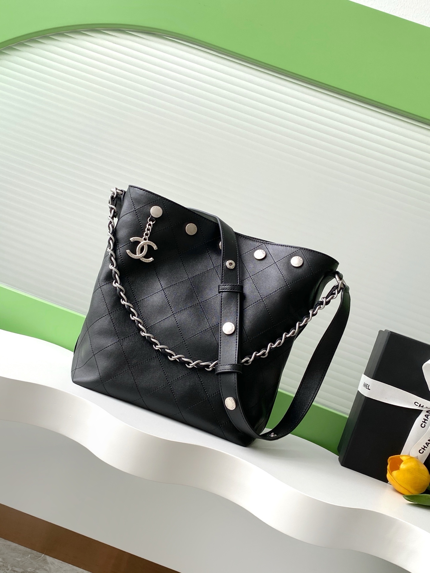 Chanel Hobo Studded Small Black Silver Lambskin Bucket Bag