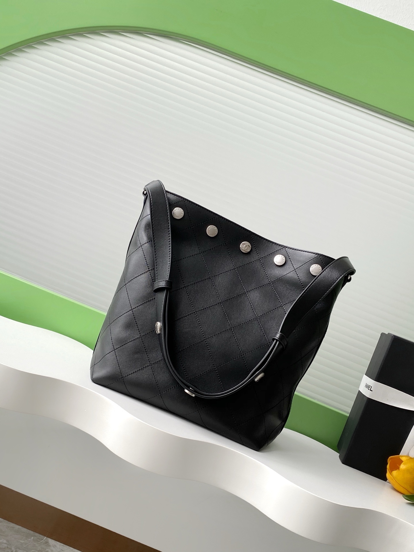 Chanel Hobo Studded Small Black Silver Lambskin Bucket Bag