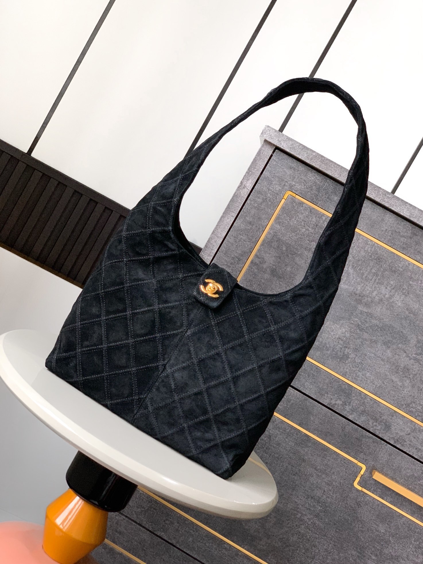 Chanel Black Quilted Suede Shoulder Bag Leather