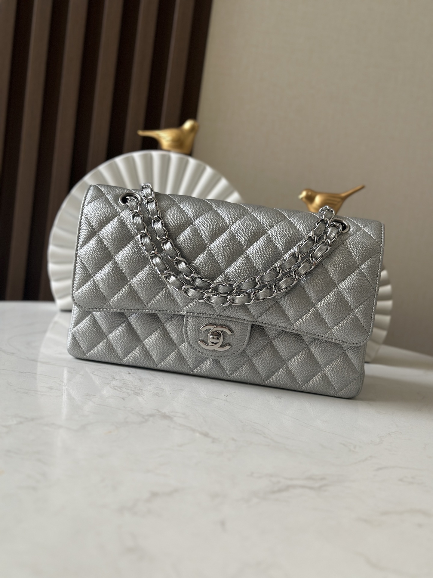 Chanel Lambskin Leather CC Long Full Flap Bag Metallic Silver