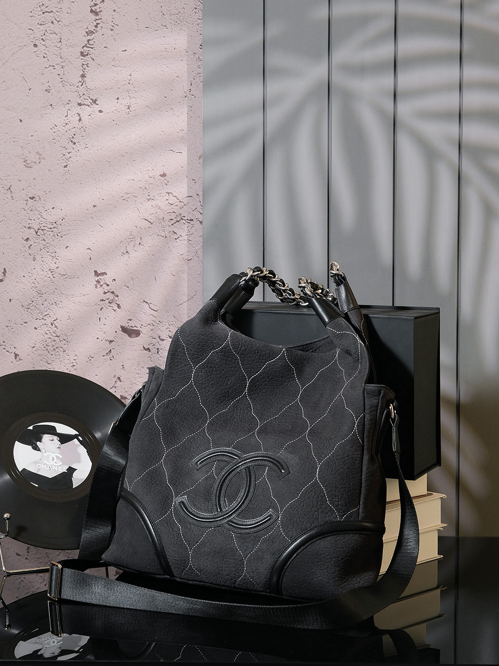 Chanel Quilted Suede CC Shoulder Bag Black