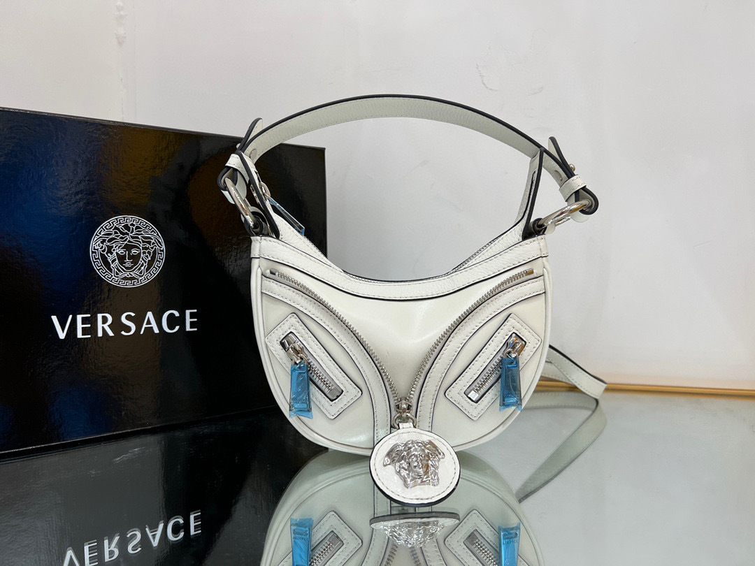 Versace Silver Medusa Head Calf Leather Small Orange Hobo Bag White