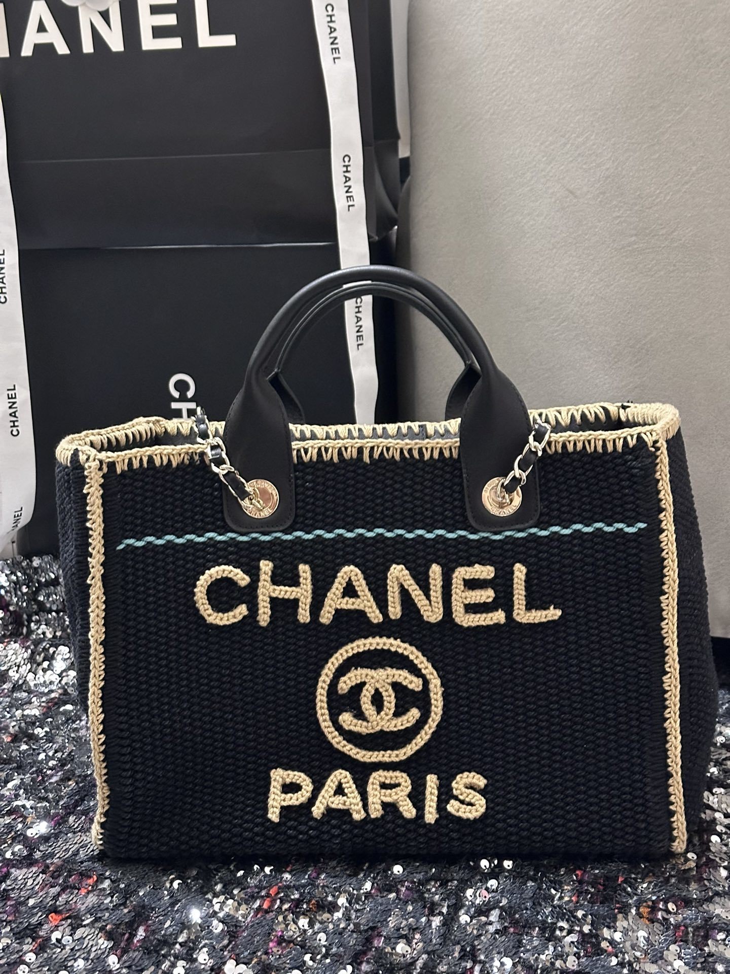 Chanel Deauville tote Bag Black Leather