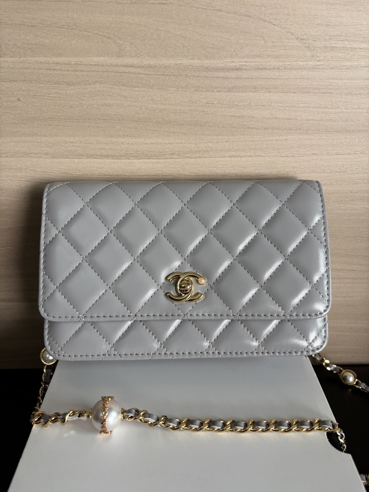 Chanel Grey Quilted Lambskin Pearl Crush Wallet On Chain Gold