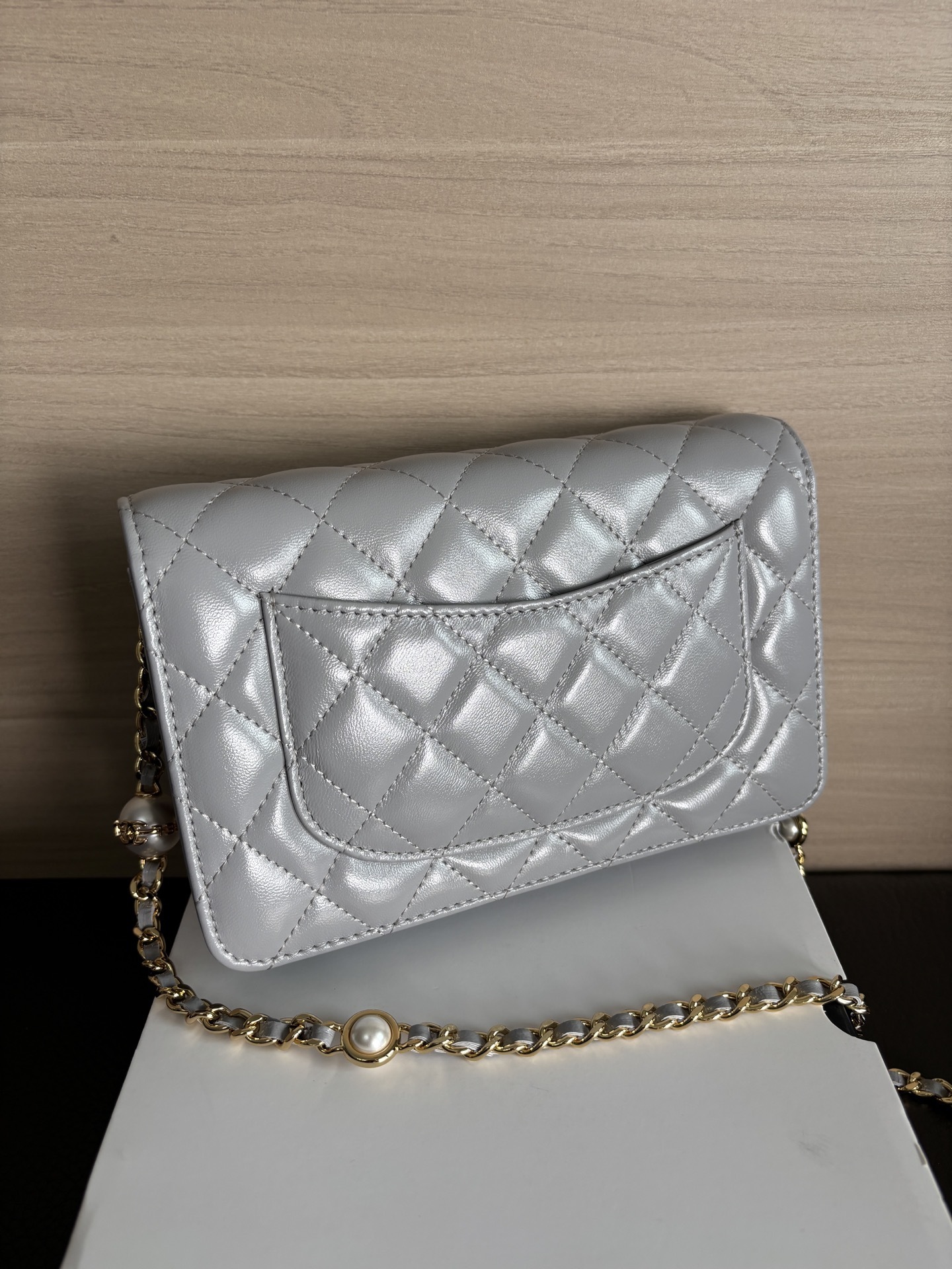 Chanel Grey Quilted Lambskin Pearl Crush Wallet On Chain Gold