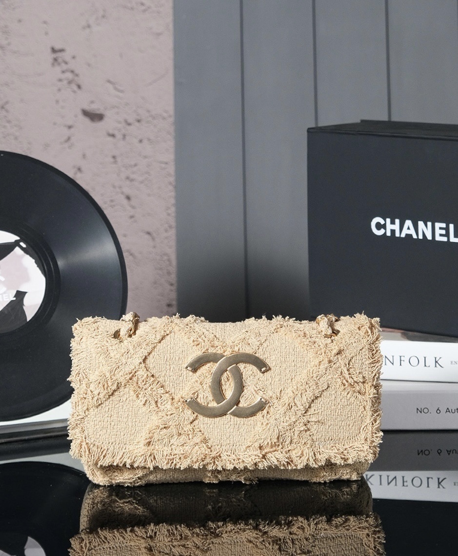 Chanel small crochet organic fringe nature tweed flap bag