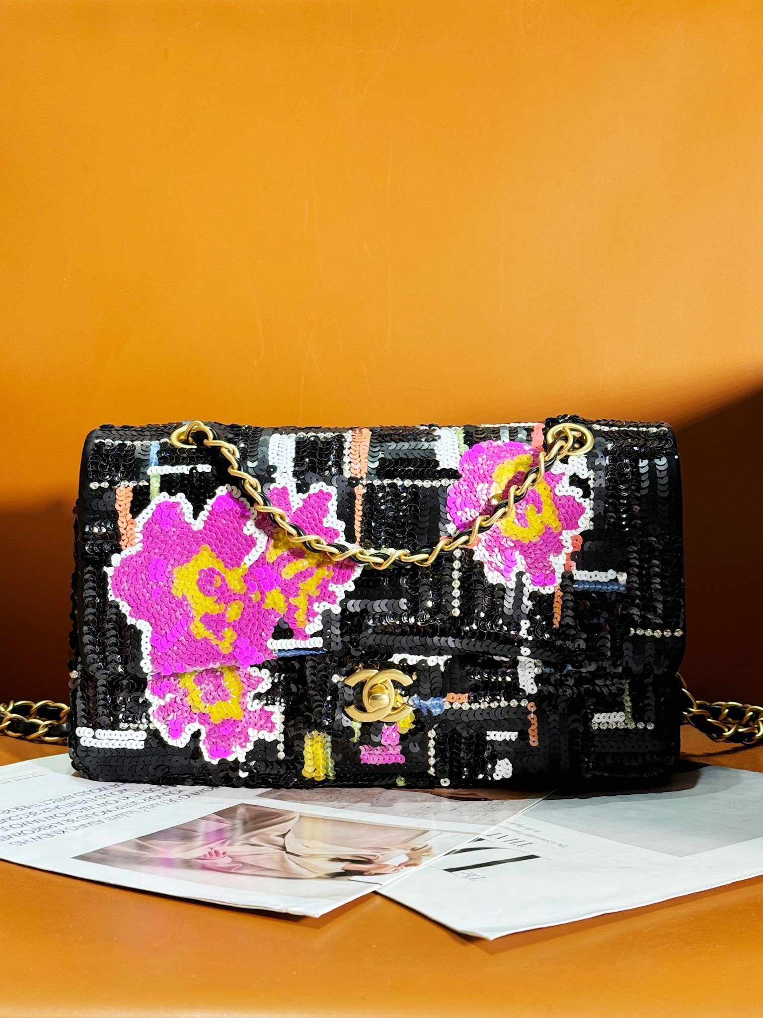 Chanel Logo Sequin Flap Bag black