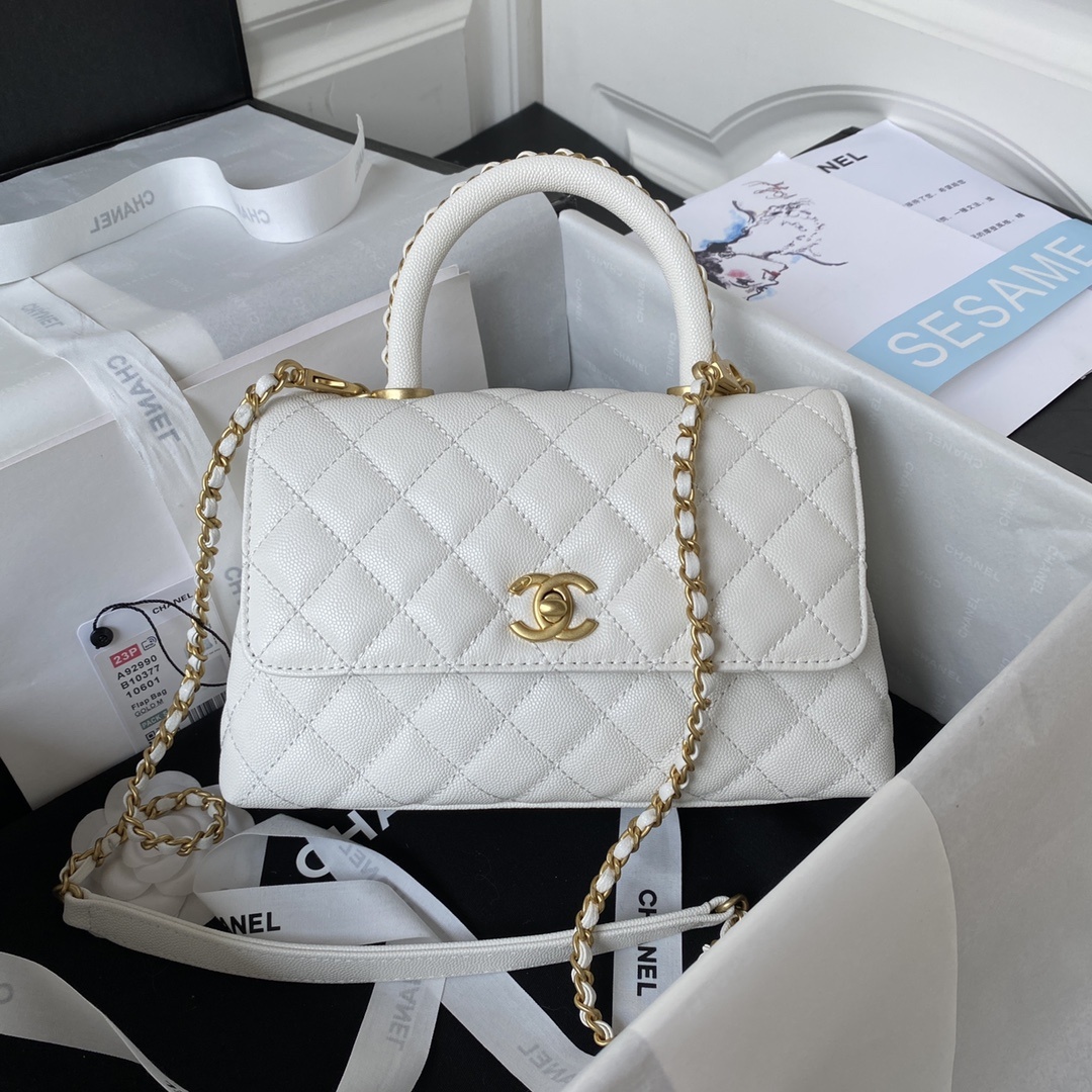 Chanel Gray Caviar Leather Top handle Handbag White