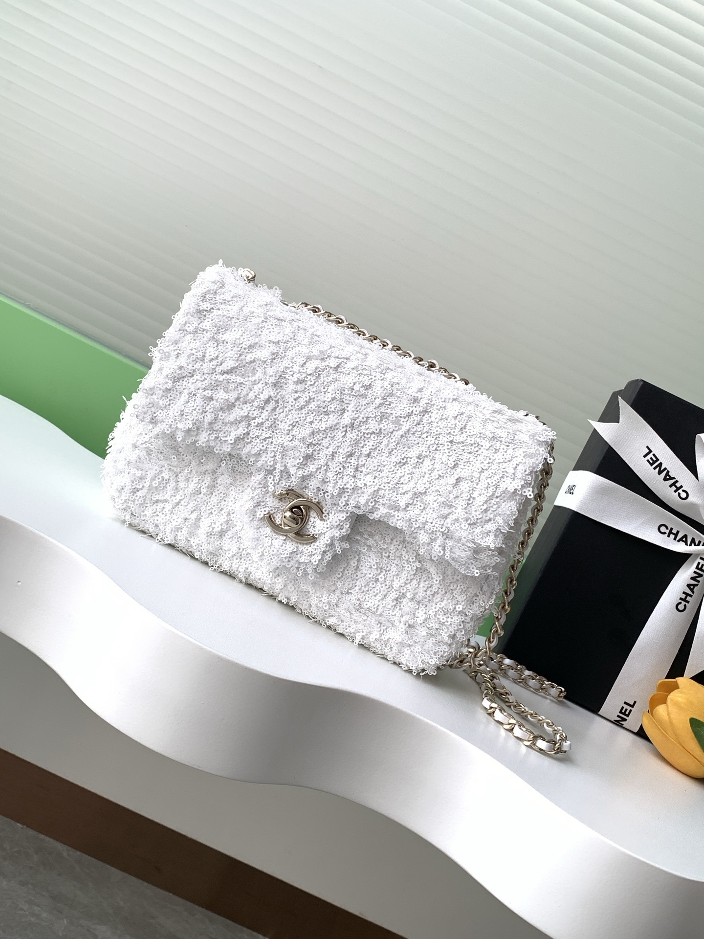 Chanel Sequin Mini Rectangular Flap Bag White