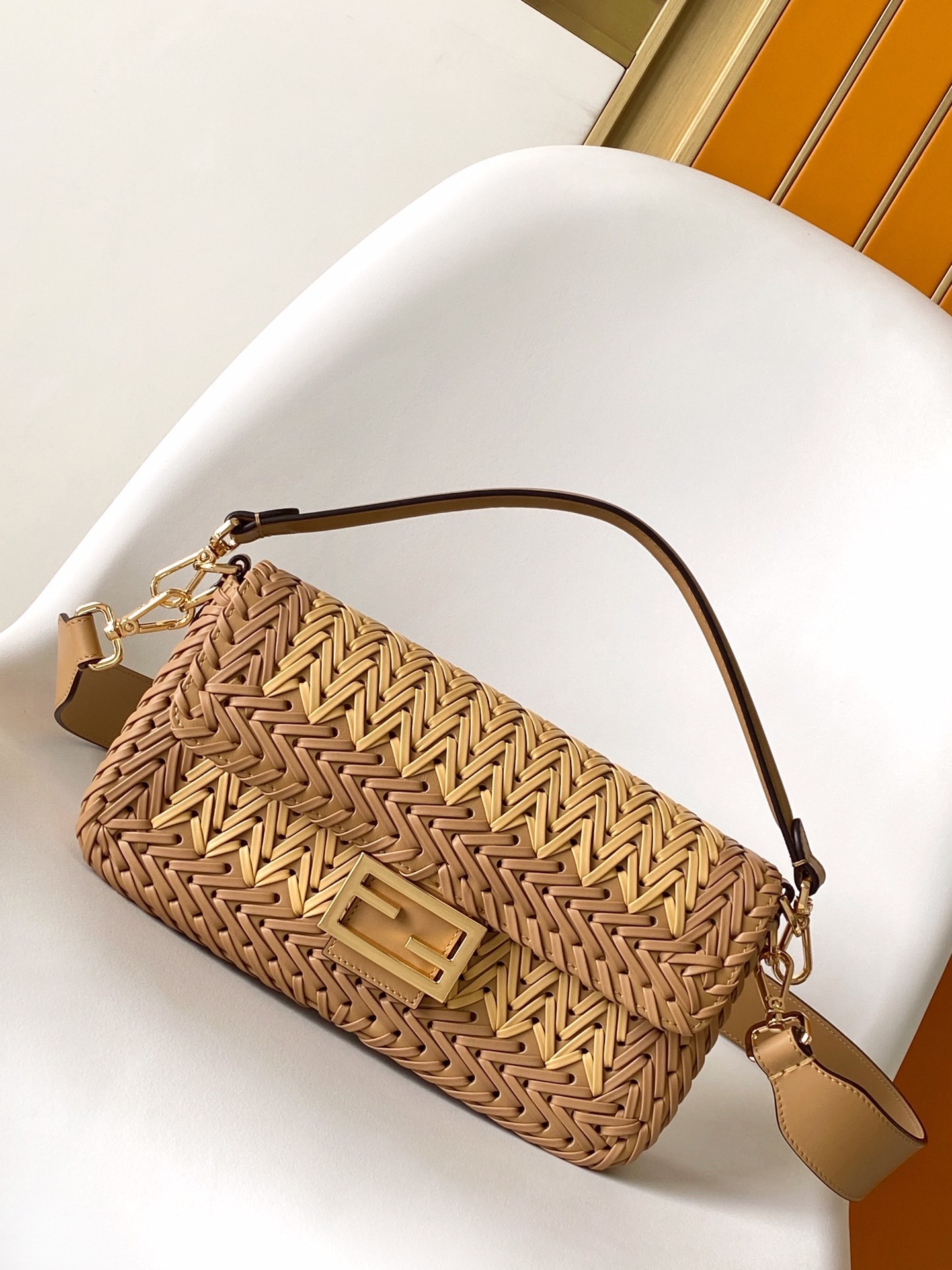 Fendi Interlaced Baguette Shoulder Bag Brown