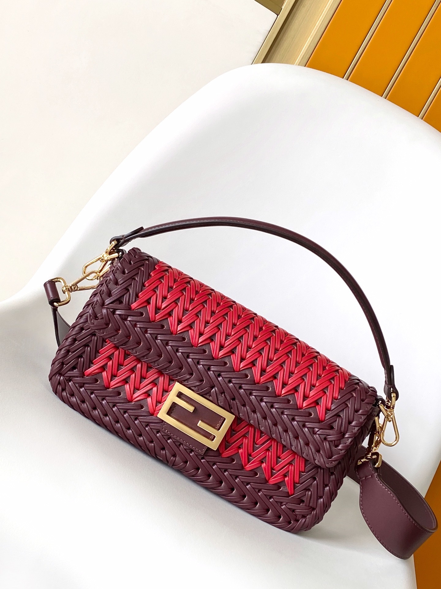 Fendi Interlaced Baguette Shoulder Bag red